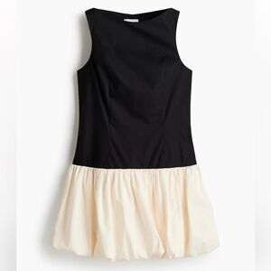H&M Black & White Drop Waist Bubble Hem Mini Dress Colorblock 100% Cotton